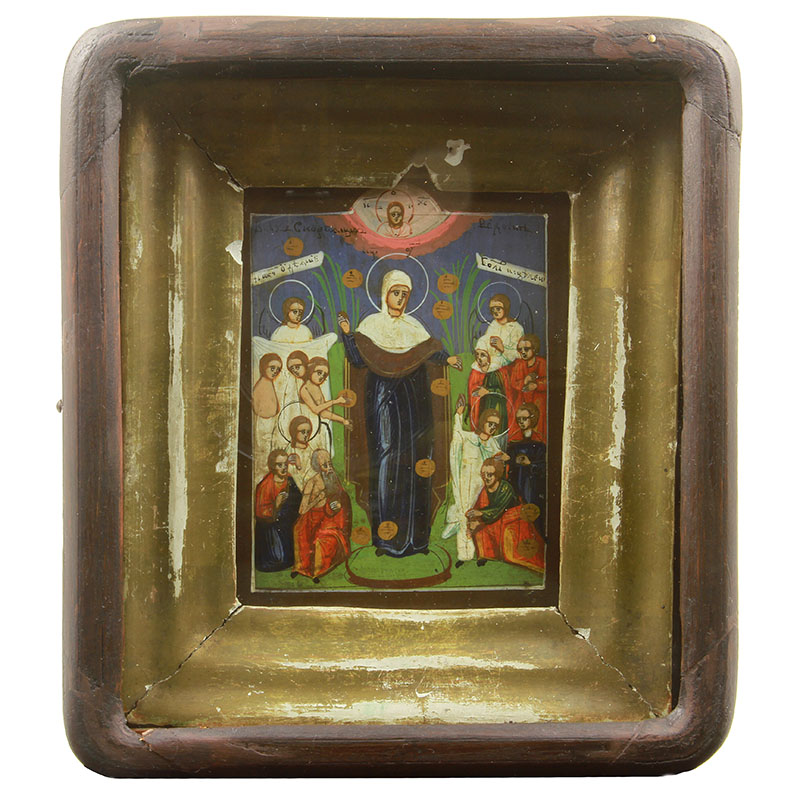 Старинная икона образ Богородица Всех Скорбящих Радость с Грошиками. Россия, Санкт-Петербург 1890 год