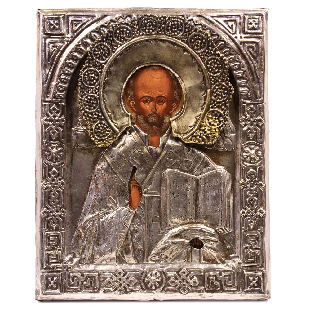 Старинная икона на серебре и в латунном окладе святитель Николай Чудотворец, Никейское Чудо. Россия 1870-1900 год