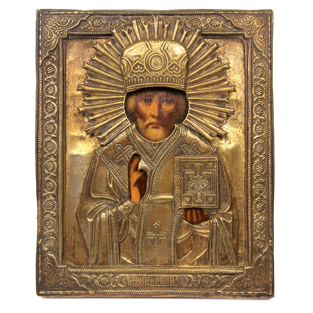 Старинная живописная икона святитель Николай Чудотворец, икона в латунном окладе. Россия, Мстёра 1890-1900 год
