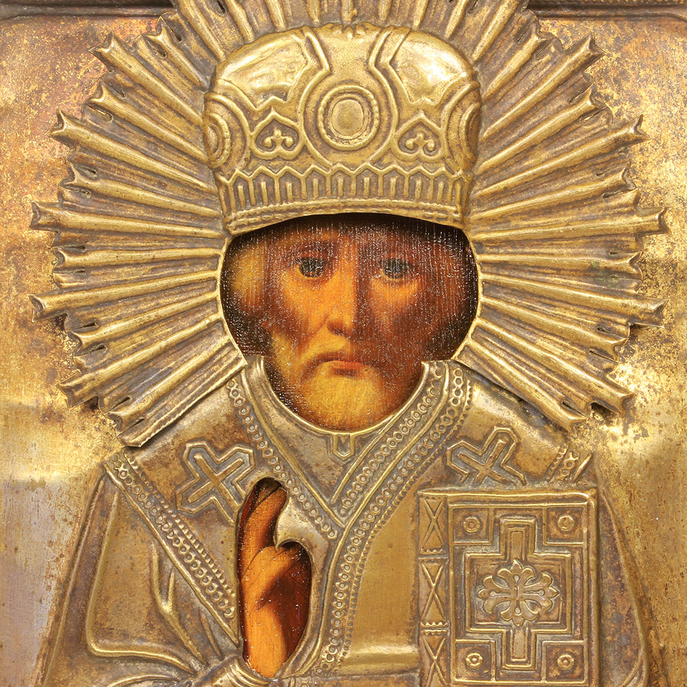 Старинная живописная икона святитель Николай Чудотворец, икона в латунном окладе. Россия, Мстёра 1890-1900 год