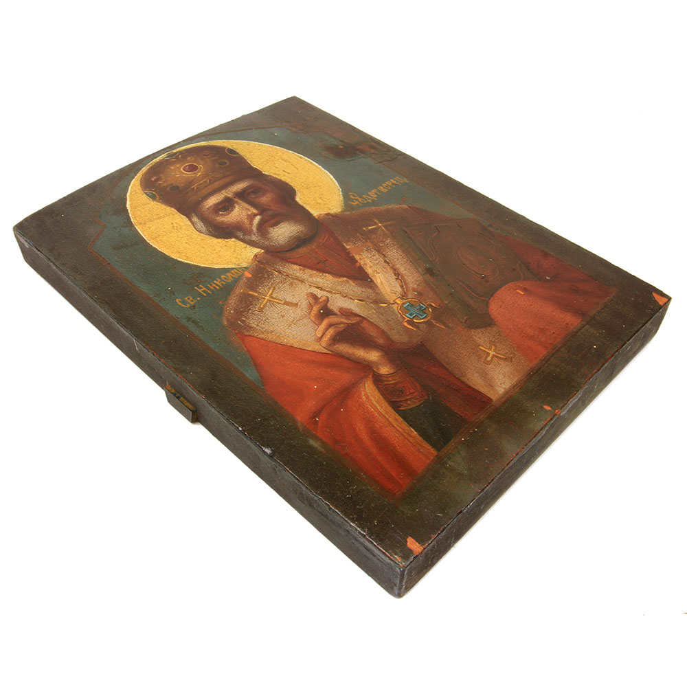 Старинная писаная деревянная икона святитель Николай Чудотворец. Россия 1870-1890 год