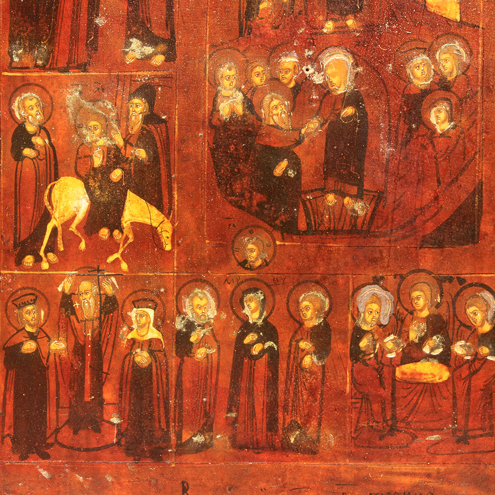 Старинная живописная икона 12 Церковных Праздников, икона в латунном окладе и оригинальном киоте. Россия 1860-1900 год