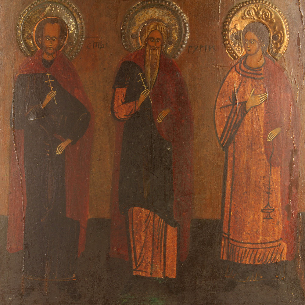 Старинная икона святые покровители семьи и брака Самон, Гурий и Авив, икона в латунном басменном окладе. Россия 1880-1900 год