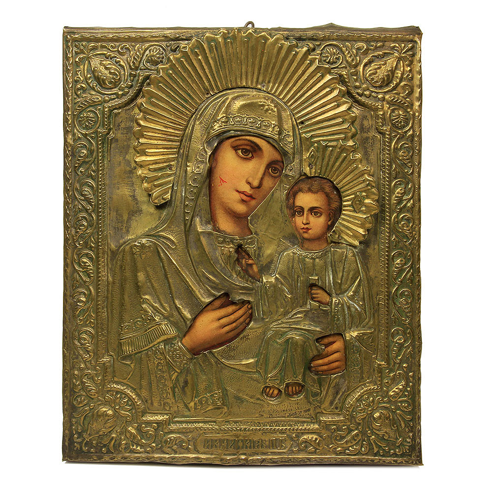 Старинная печатная икона Иверская Божия Матерь в латунном окладе. Россия 1880-1910 год