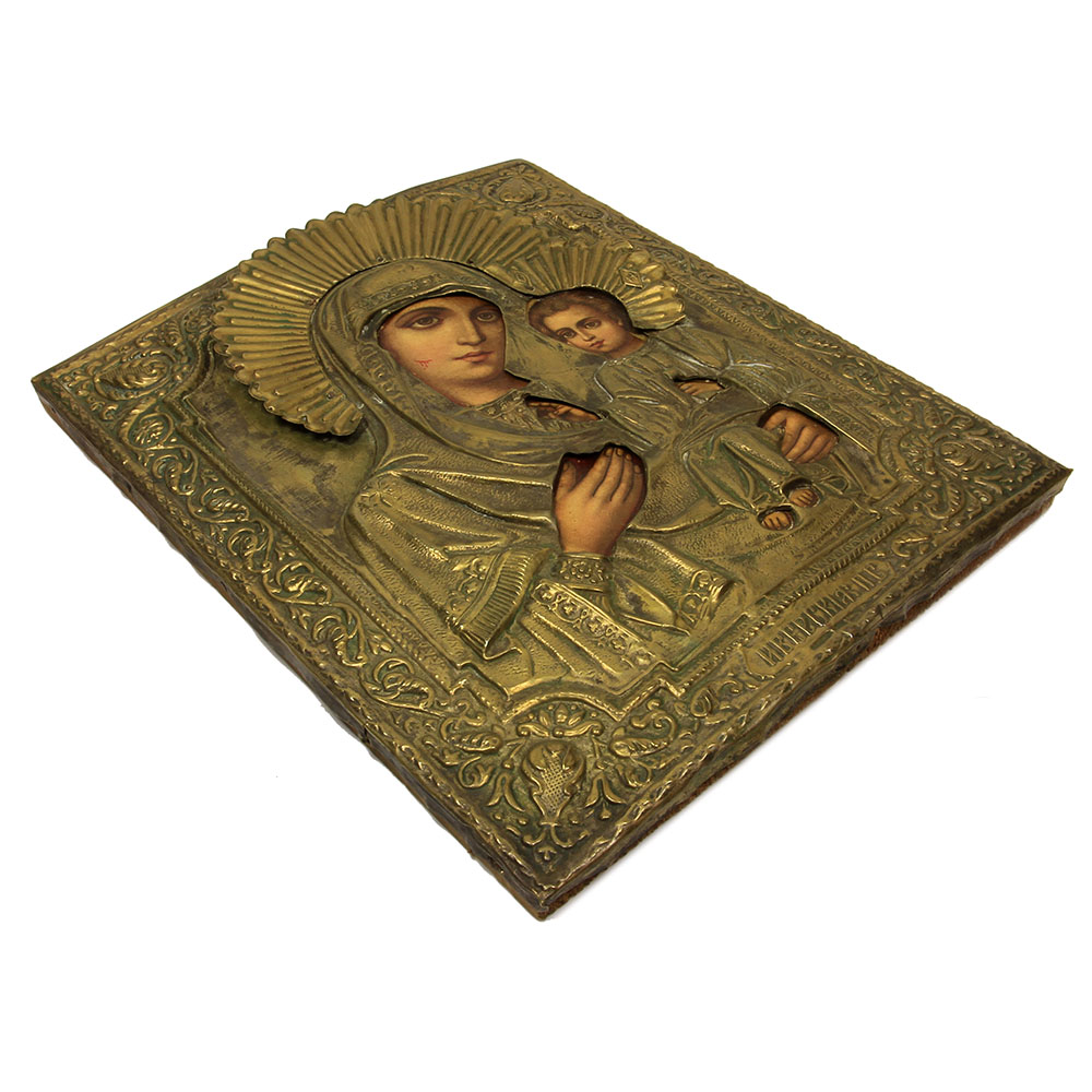 Старинная печатная икона Иверская Божия Матерь в латунном окладе. Россия 1880-1910 год