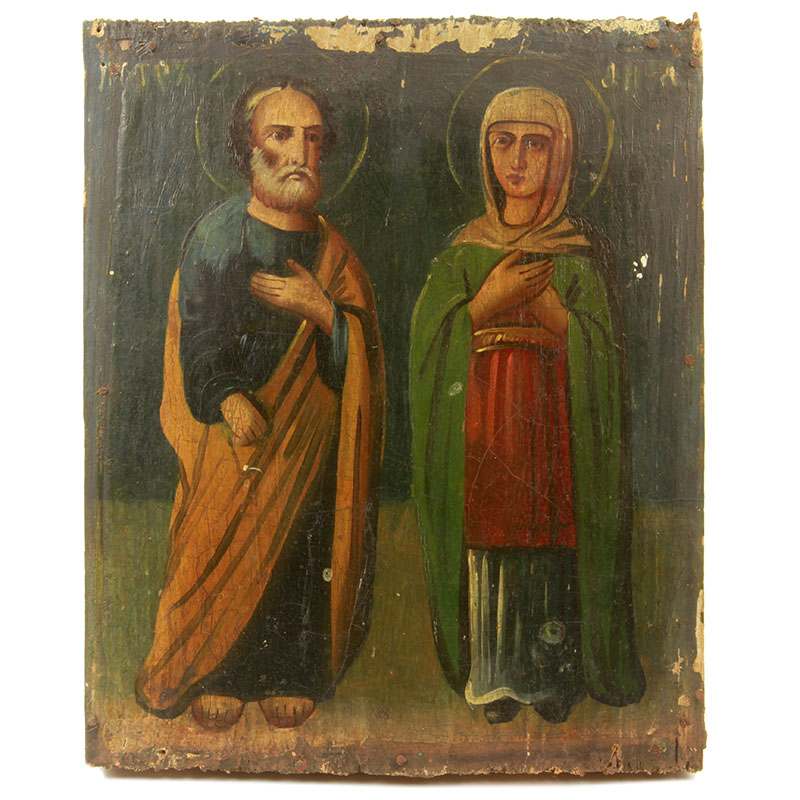 Старинная икона святой Апостол Петр и святая Анна Пророчица. Россия, Курская губерния 1880-1900 год