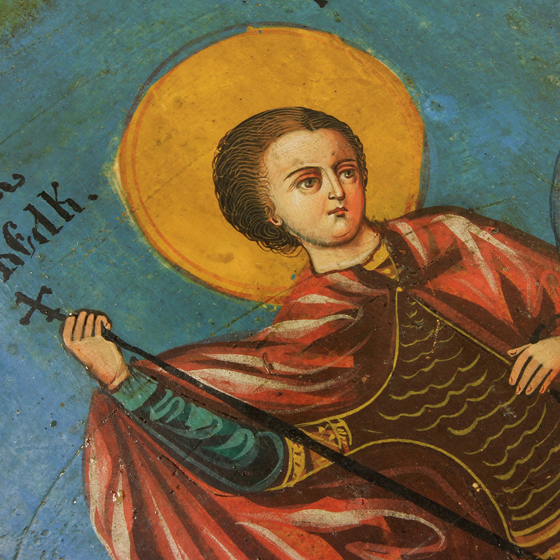 Старинная щепная икона из частной коллекции святой Георгий Победоносец. Россия, Холуй 1860-1880 год