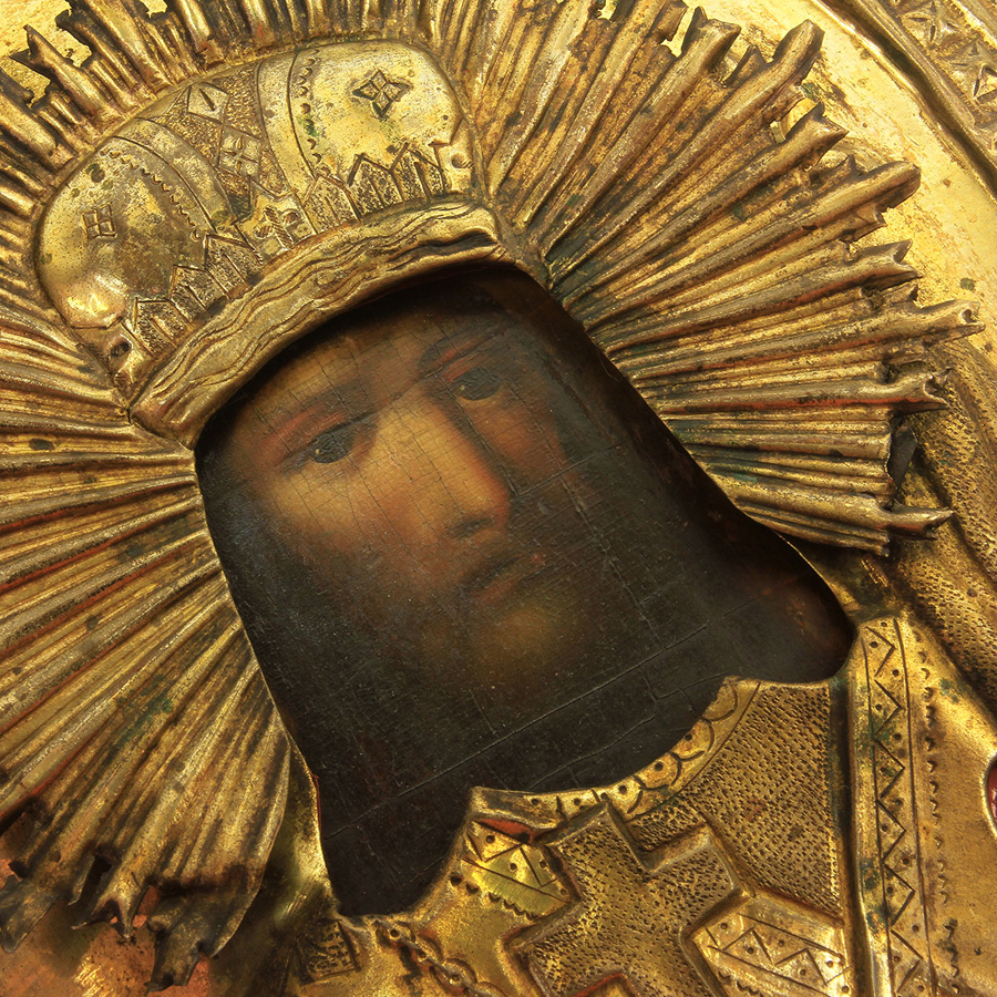 Старинная икона святитель Феодосий архиепископ Черниговский и Углицкий, икона в киоте. Россия, Санкт-Петербург 1870-1890 год