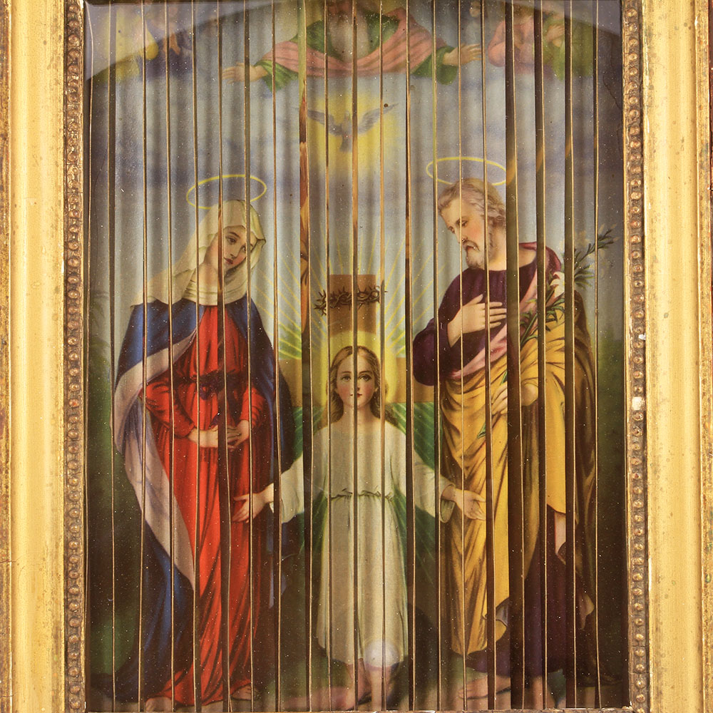 Старинная печатная трехмерная икона Святое Семейство, Снятие С Креста, Моление О Чаше, икона трисценорама. Польша в составе Российской Империи 1890-1910 год