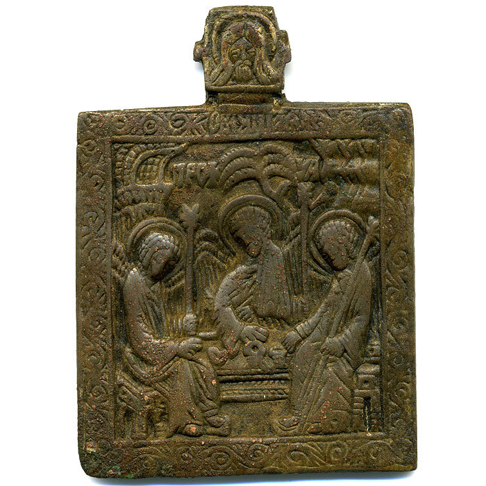Старинная икона образок 18 века Троица Ветхозаветная с молитвой.