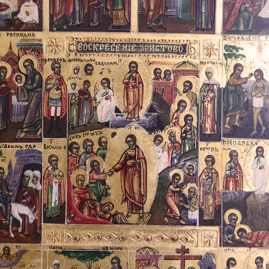 Старинная живописная икона 12 Главных Церковных Праздников, домашний иконостас. Россия, Палех 1860-1880 год