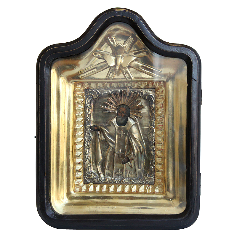 Старинная икона святой преподобный Сергий Радонежский в окладе из серебра 84 пробы и старинном киоте. Россия, Москва 1846 год