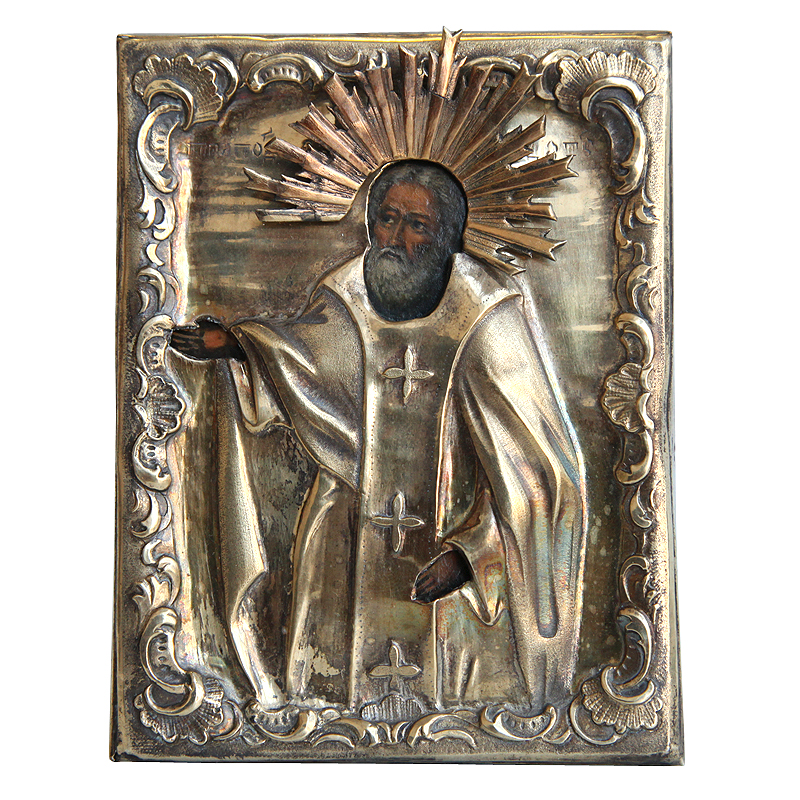 Старинная икона святой преподобный Сергий Радонежский в окладе из серебра 84 пробы и старинном киоте. Россия, Москва 1846 год
