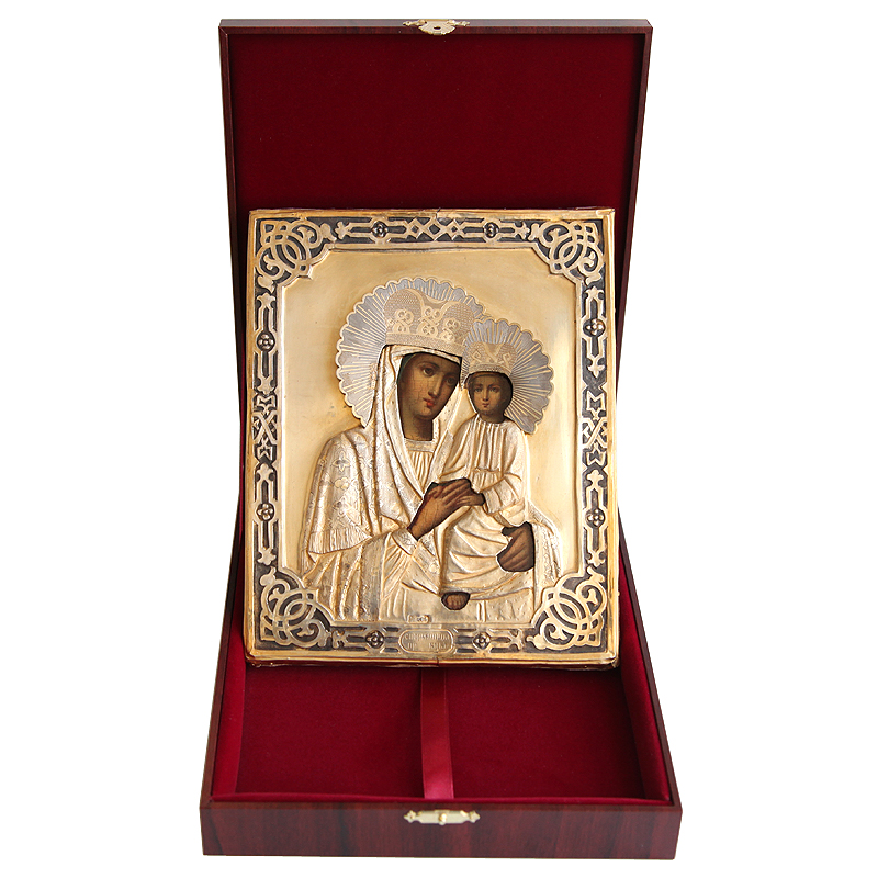Старинная икона в серебряном окладе Пресвятая Богородица Споручница Грешных. Россия, Москва 1872 год