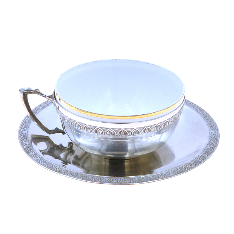 Старинная кофейная чашка из серебра в комплекте с серебряным блюдцем, кофейная пара №1. Подарок руководителю и кофеману. Португалия, Лиссабон 1885-1914 год