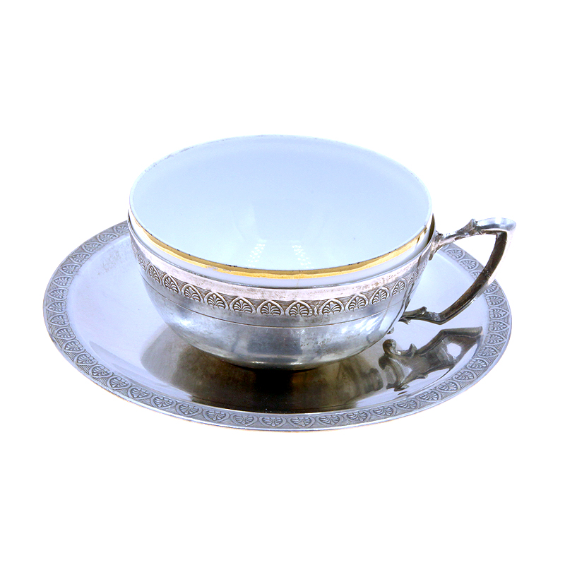 Старинная кофейная чашка из серебра в комплекте с серебряным блюдцем, кофейная пара №2. Подарок руководителю и кофеману. Португалия, Лиссабон 1885-1914 год