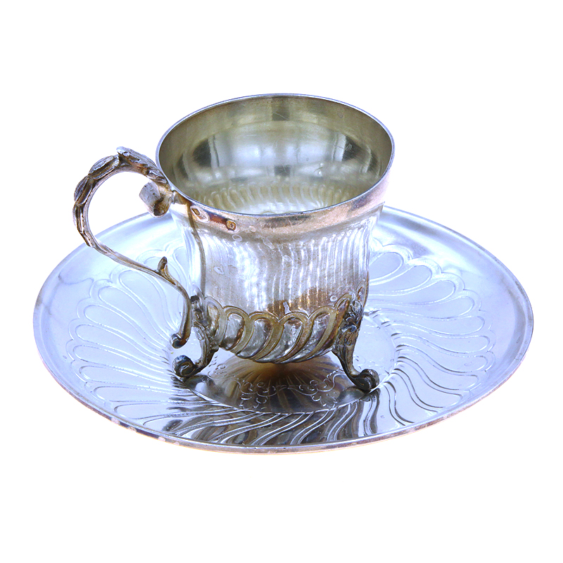 Старинная кофейная чашка из стерлингового серебра в комплекте с серебряным блюдцем, серебряная кофейная пара №1. Подарок руководителю и ценителю кофе. Франция, Париж 1870-1890 год