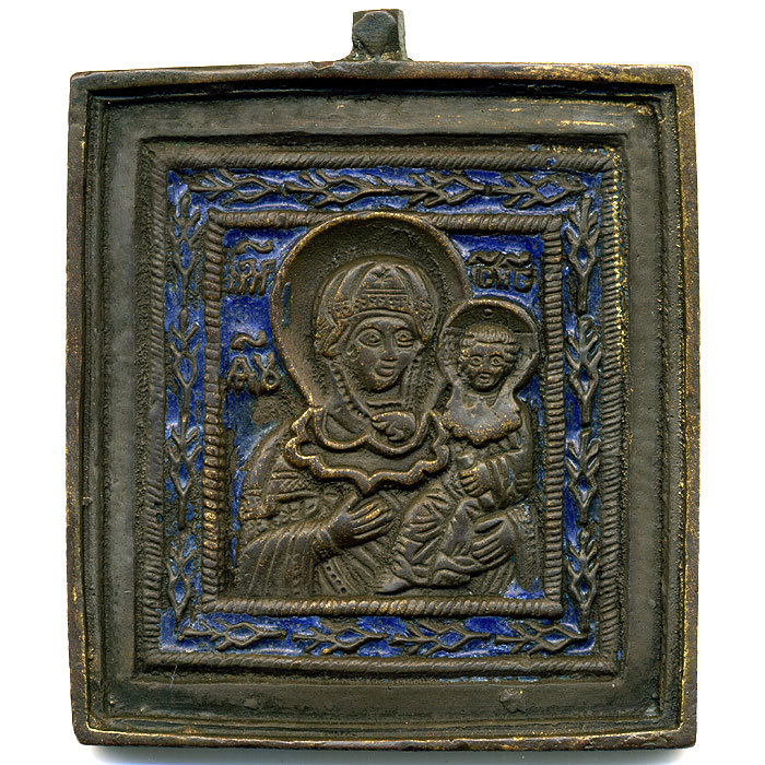 Старинная бронзовая икона Смоленской Божьей Матери с цатой. Россия 1860-1880 год