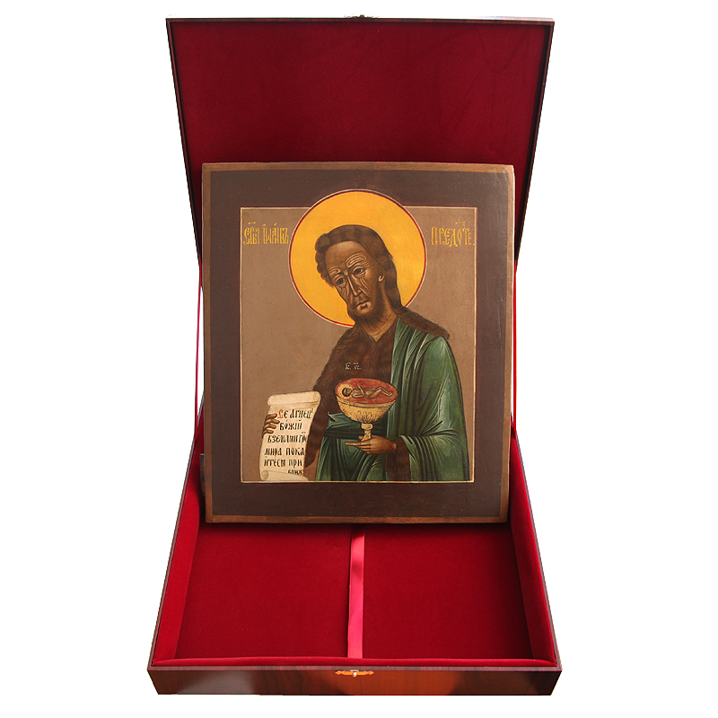 Старинная крупноформатная икона святой Иоанн Предтеча, в латунном окладе. Россия, Москва 1850-1870 год