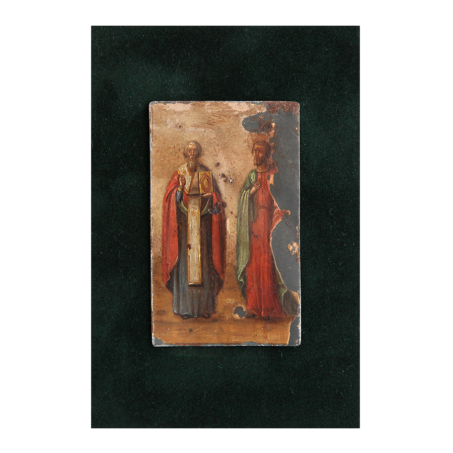 Старинная икона на 19 февраля небесных покровителей Преподобный Вукол, епископ Смирнский и Святой мученик Максим Кизический. Россия 1870-1890 год