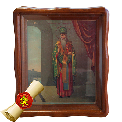Крупноформатная старинная печатная икона святой Спиридон Тримифунтский Чудотворец в современном киоте. Россия, Одесса 1895 год