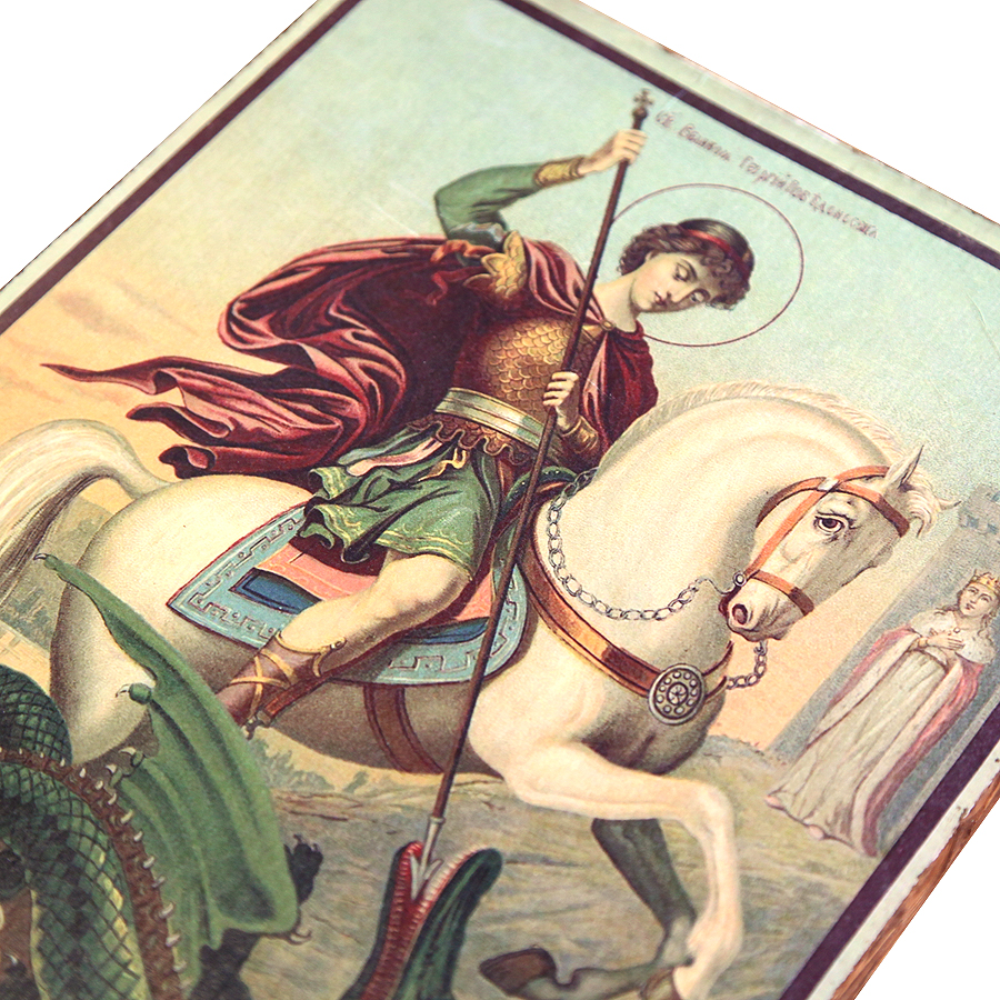 Крупноформатная старинная печатная икона Святой Георгий Победоносец, икона в красивом современном киоте. Россия, Одесса 1893 год