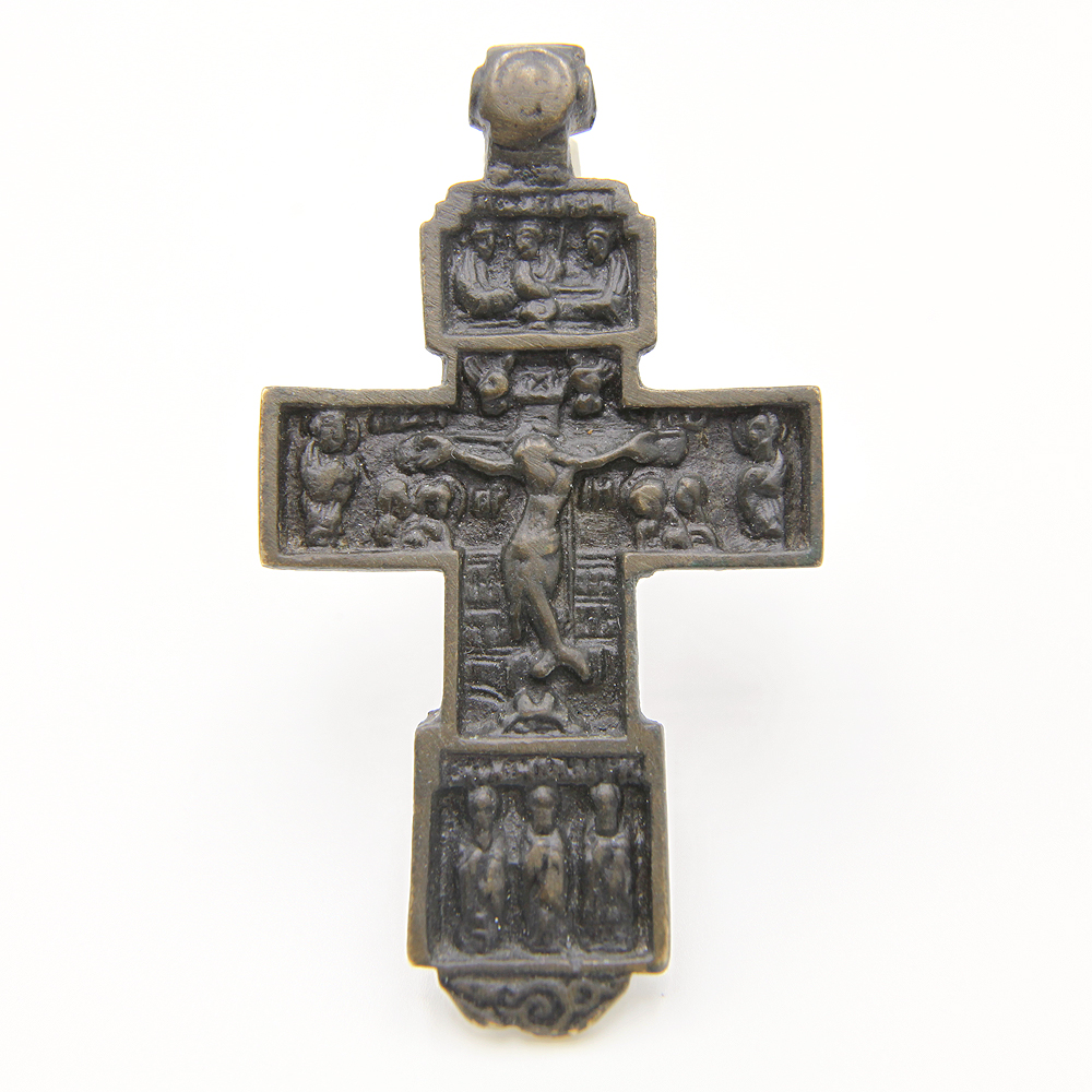 Старинный крест наперсный Распятие с Предстоящими, Троица Ветхозаветная и избранные святые. Московское Княжество XV-XVI век