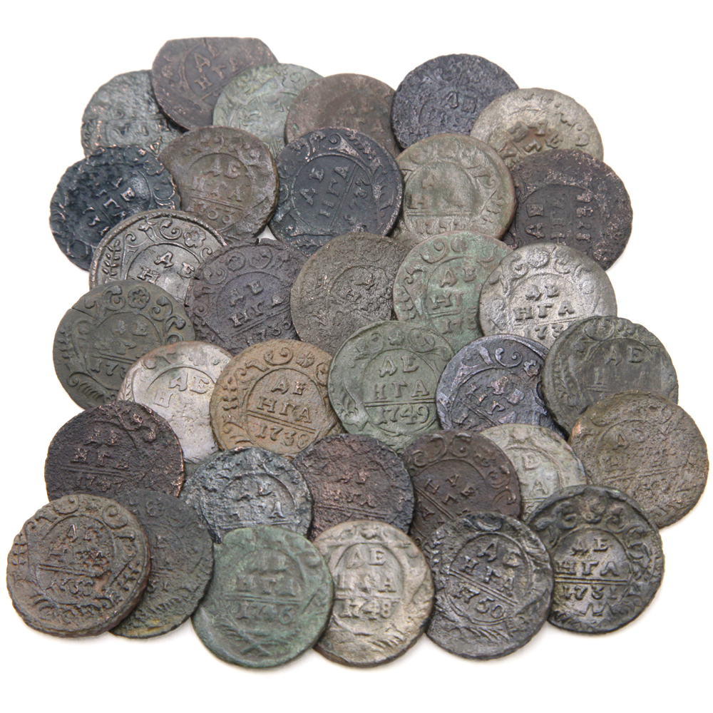 Небольшая коллекция старинных медных монет Денга для начинающего коллекционера нумизмата. Россия 1731-1754 г