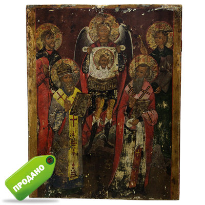 Старинная старообрядческая икона Святой Архангел Михаил с «крестьянскими богами». Россия, Поволжье, XIX век.