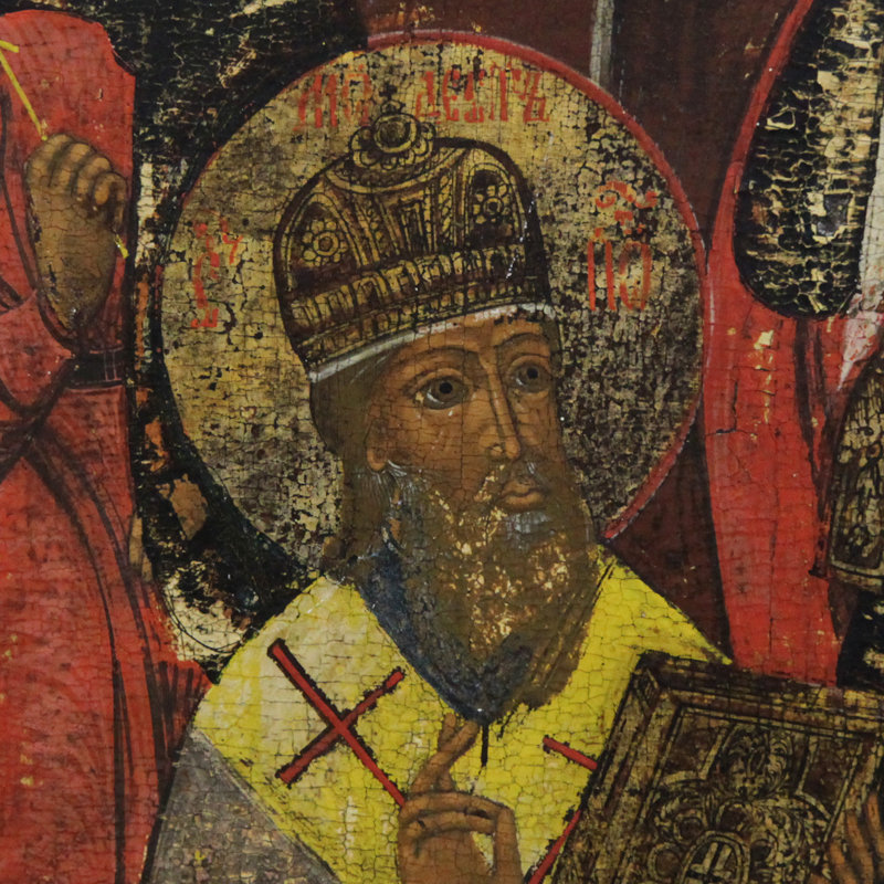 Старинная старообрядческая икона Святой Архангел Михаил с «крестьянскими богами». Россия, Поволжье, XIX век.