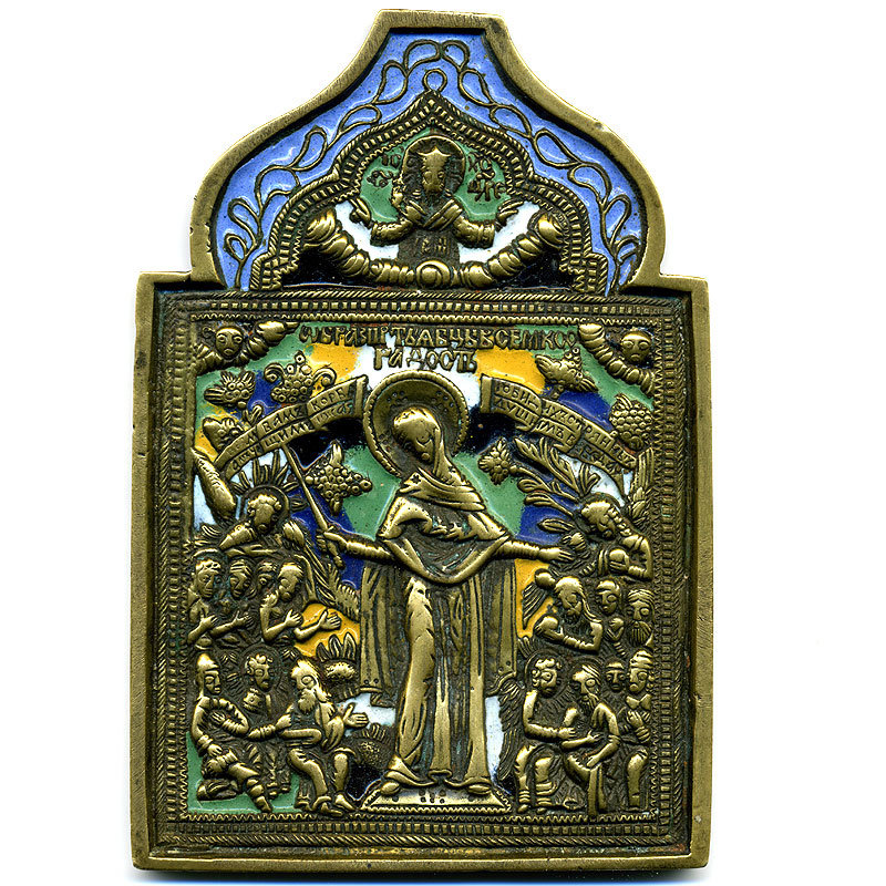 Старинная бронзовая икона Божья Матерь Всех Скорбящих радость. Россия 1850-1870 год