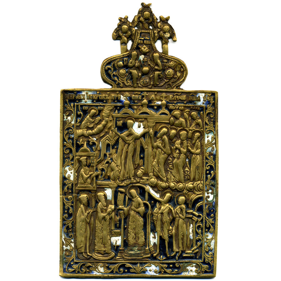 Большая старинная бронзовая икона с сюжетом Покров Пресвятой Богородицы. Россия 1780-1820 год