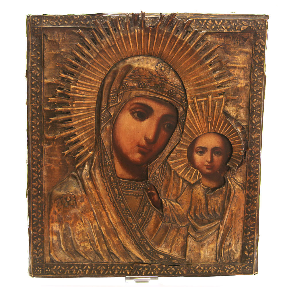 Старинная икона Казанская икона Божьей Матери с латунным окладом. Россия 19 век.