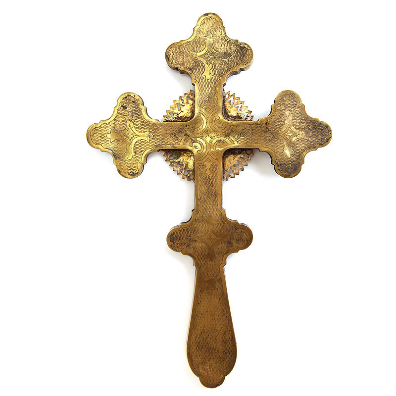 Старинный бронзовый Напрестольный крест 19 века с перегородчатыми эмалями, высота 31 см.