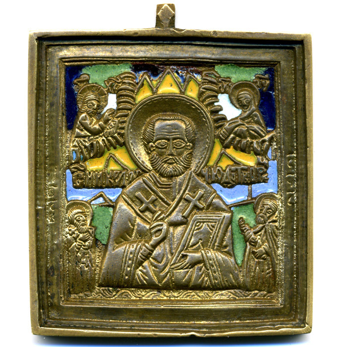 Старинная литая бронзовая Икона Святой Наколай Чудотворец помощник во всех делах. Россия 1850-1880 год