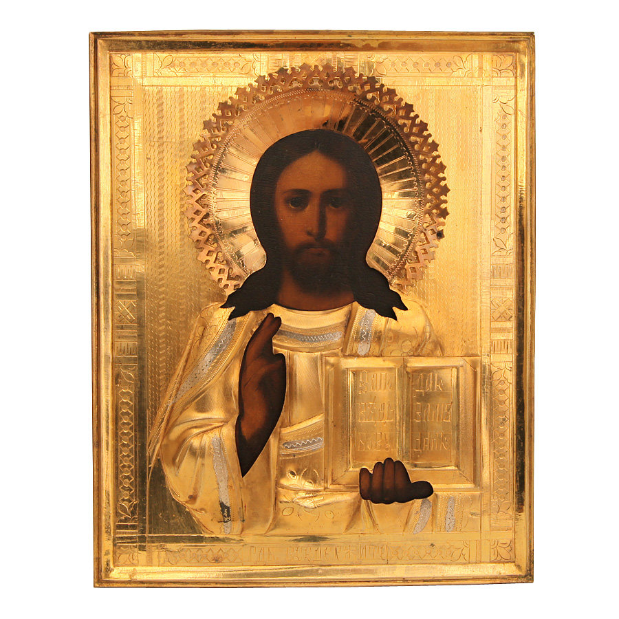 Старинная икона 19 века Спас Вседержитель в красивом окладе с позолотой и серебрением.