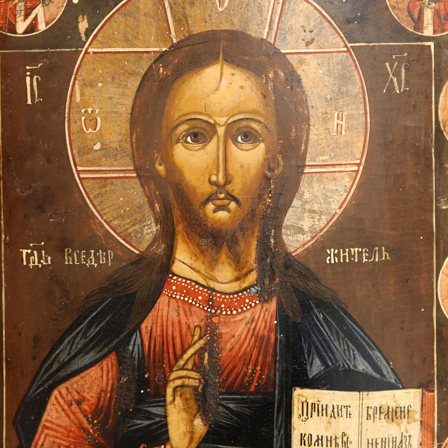 Большая заказная старинная икона 19 века Господь Вседержитель с избранными святыми 48см.