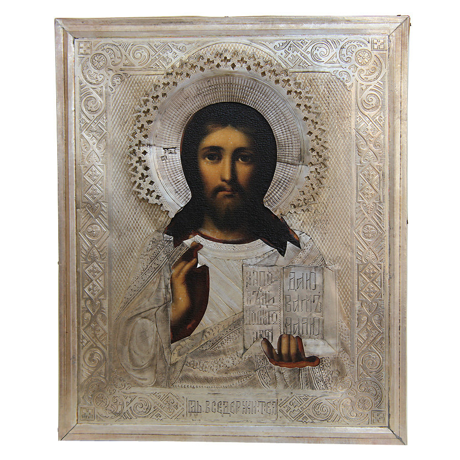 Старинная икона 19 века Господь Вседержитель в серебряном окладе Москва 1882 год.