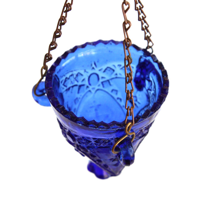 Старинная лампада подвесная из синего стекла с тремя цепочками в комплекте. Россия 1890-1917 год