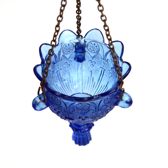Старинная лампада подвесная из синего стекла. Высота 9,5 см. Царская Россия