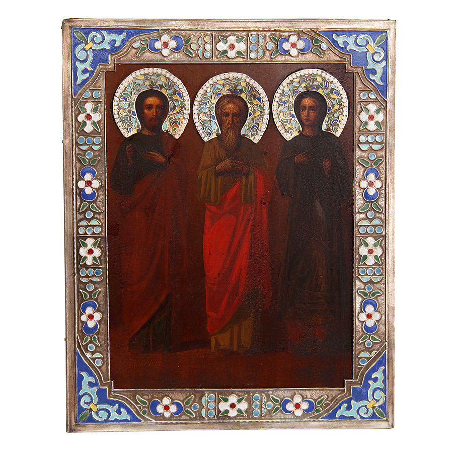 Cтаринная икона с покровителями семьи и брака святыми мучениками Самсоном, Гурием и Авивом в серебряном окладе. Россия 19 век.
