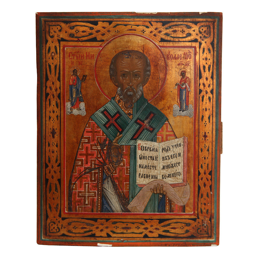 Старинная икона 19 века Святитель Николай, архиепископ Мир Ликийских, чудотворец и угодник Божий киотного хранения.
