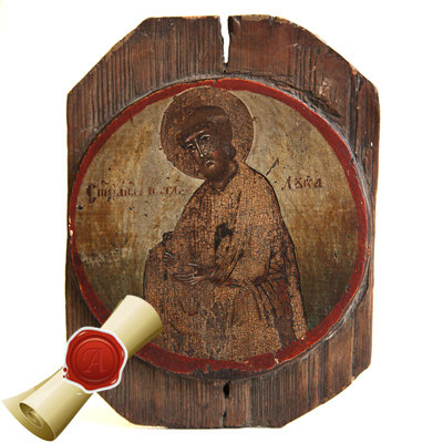 Древняя северная православная икона Апостол Евангелист Лука спаситель от темных сил. Русский Север 1690-1725 год