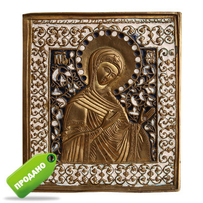 Большая старинная литая икона Богородица из деисусного чина, Русское медное литье 19 век.