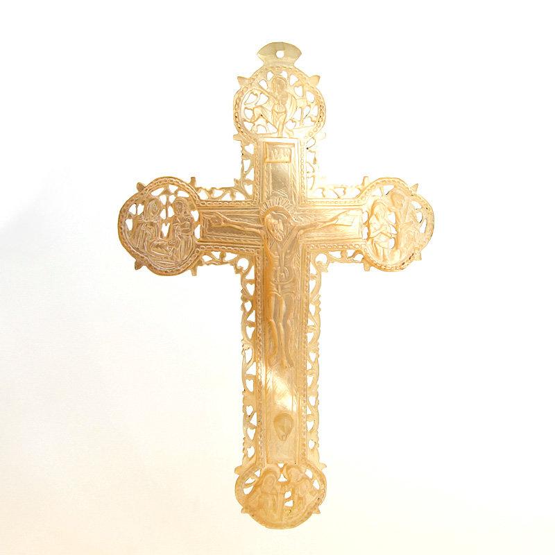 Старинный ажурный перламутровый резной крест Распятие Христово INRI. Святая Земля, Вифлеем 1870-1890 год