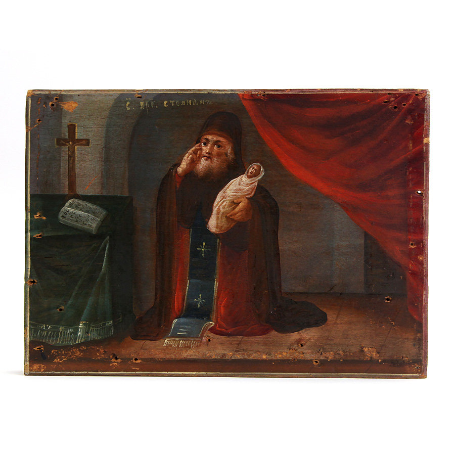 Старинная икона святого покровителя детей Преподобного Стилиана, икона помогающая от бесплодия. Россия XIX век.