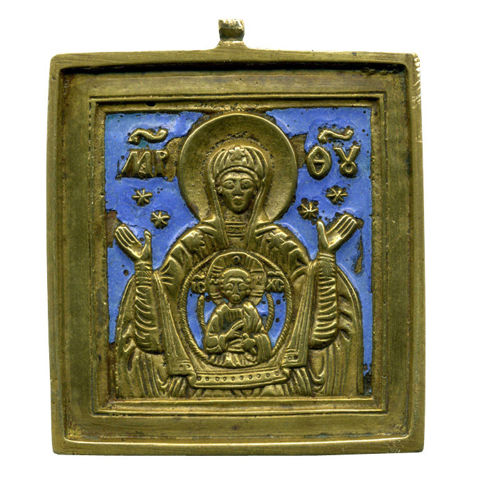 Старинная литая икона Пресвятая Богородица Знамение с синей эмалью. Россия 1850-1880 год