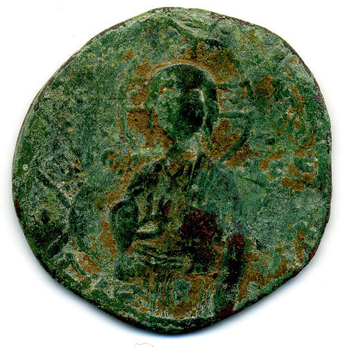 Древняя бронзовая монета Византийская Империя XI век. Михаил IV. Фоллис.
