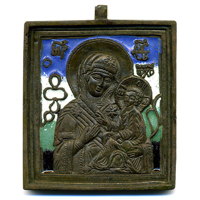 Старинная литая икона или образок Тихвинская Икона Божией Матери. Эмаль.