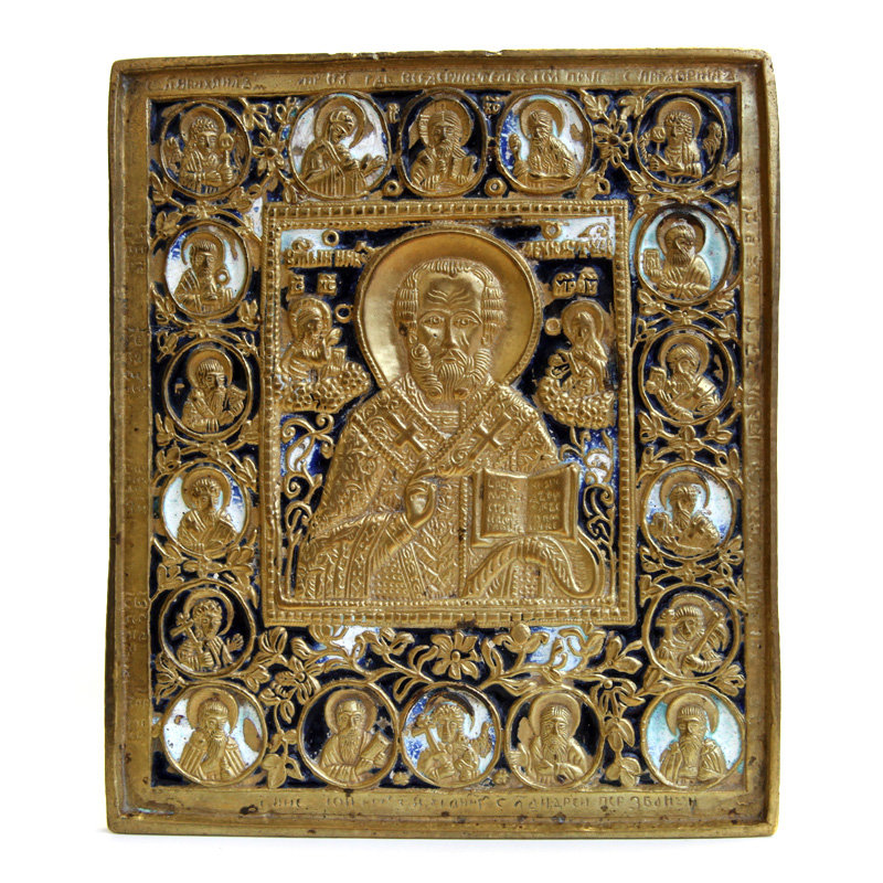 Старинная бронзовая икона Святитель Николай Чудотворец. Русское медное литье XIX век.
